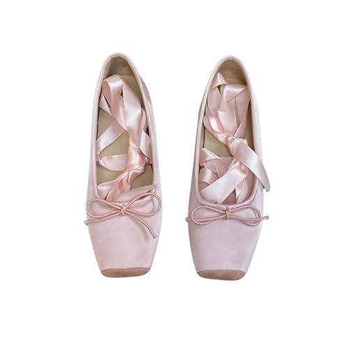 Women's Satin Ballet Flats Closed Square Lace-Up Ankle Strap Ballet Flatscute Mary Jane Shoes Women’S Lace Up Ballet Flats