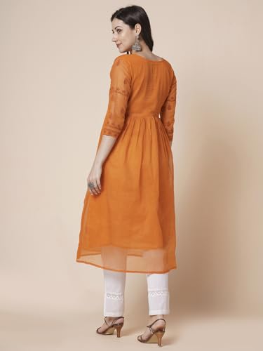 Image of RATAN Women's Muga Cotton Flared Lucknowi Chikankari Ethnic Wear Kurta
