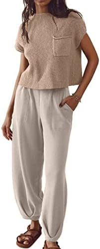 Shiyifa Women’s Knit Two Piece Outfits Sweater Sets Casual Short Sleeve Pullover Tops Elastic Waist Pants Lounge Sets