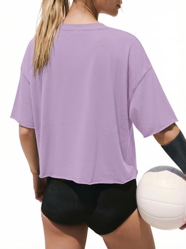 Image of ATHMILE Womens Crop Tops Workout Shirts Gym Oversized Spring Summer Basic Tees Short Sleeve Casual Loose Drop Shoulder 2026