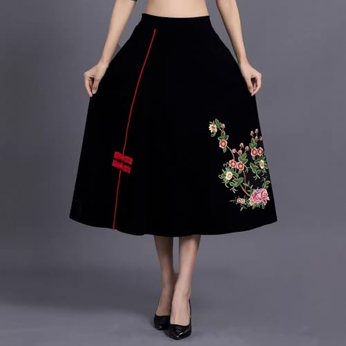 LIXINGHEITANG Autumn Skirt Spring and Summer Waist with Pocket Midlength Embroidered Ethnic Style Womens Black4