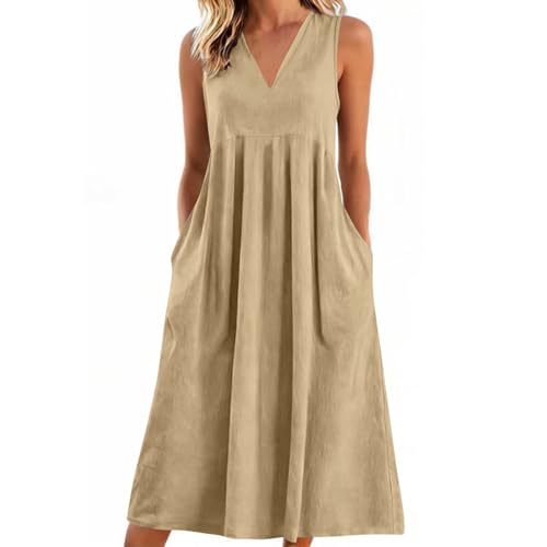 WPPGONE Linen Maxi Dresses for Women Casual V-Neck Long House Dress Sleeveless Trendy Vacation Clothes Sundress with Pockets Khaki