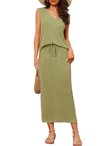 Womens 2 Piece Outfits 2024 Summer Sweater Skirt Sets Casual Sleeveless Ribbed Knit Tank Top Midi Skirt
