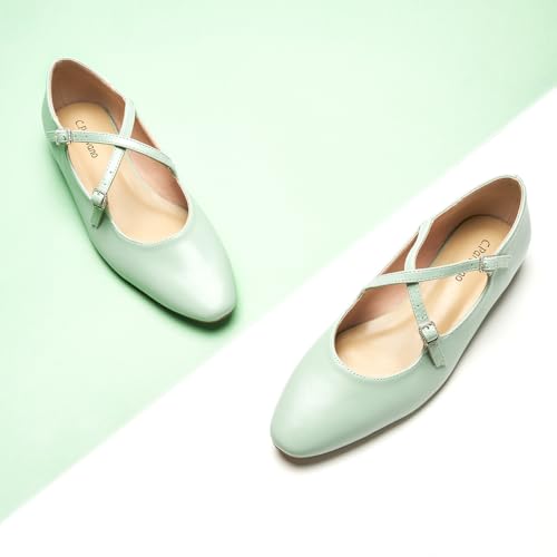 C.Paravano Women's Mary Jane Flats Almond Toe Ballet Flats Shoes for Women，Work, Casual and Daily Wear(Size 7,Green)2