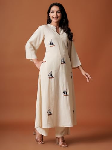 Image of INDO ERA Women's's Pure Cotton Embroidered Kurta Women | Floral Neck & Hem Embroidery | Cotton Kurta Women |