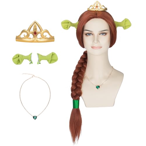 Koonfan Auburn Braided Wig with Crown Necklace Green Ears and Ribbon for Women Cosplay Halloween Princess Wig