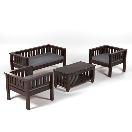 Image of Sheesham Wood 5 Seater Low Height Sofa Set with Coffee Table for Living Room | 5 Seater Sofa Set | Wooden Sofa Set | Grey Cushion (3+1+1, Walnut Finish)