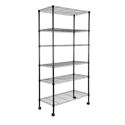 Image of Simple Deluxe Heavy Duty 6-Shelf Shelving, 29.92'' D x 13.98'' W x 71.65'' H Adjustable Wire Shelving with Hanging Hooks and Wheels, Black
