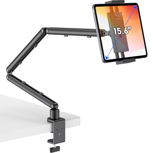 iPad Holder for Desk, Adjustable Tablet Arm iPad Desk Mount with C-Clamp, 30' Foldable Long Arm & 360° Rotation, Fits 4.7'–15.6' i Pad Pro/Air/Mini, Phones & 15.6' Portable Monitors for Desk/Bed Use