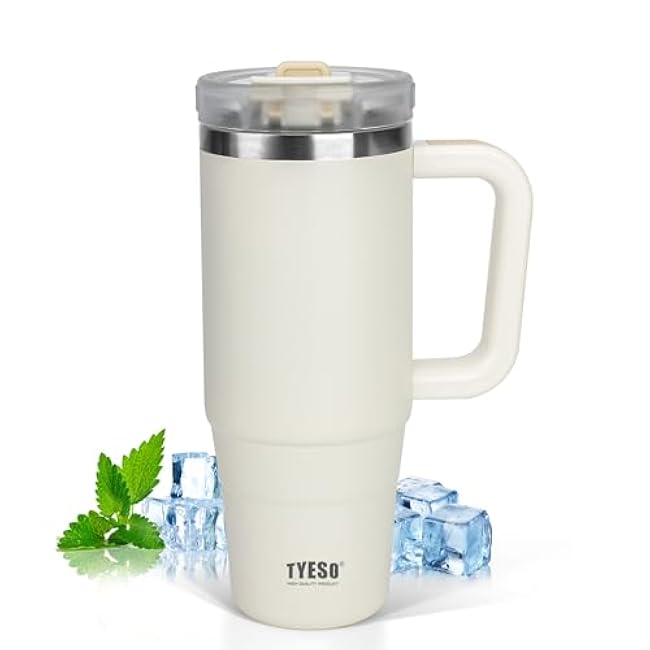 Tyeso 30 oz Tumbler with Handle, Straw and Lid - Leak Resistant Insulated Stainless Steel Water Bottle, Car Cup Holder Friendly Travel Coffee Mug White - Gifts for Men & Women
