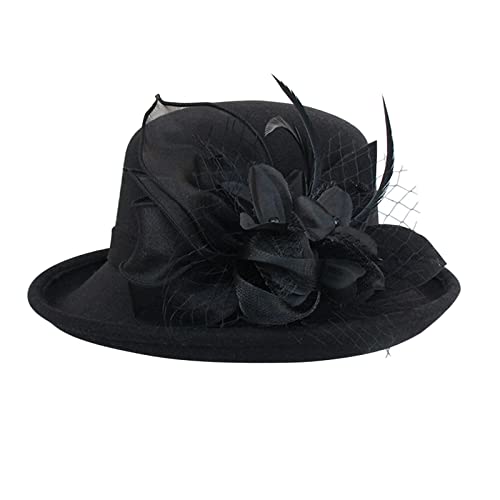 Women Fall Summer Winter Wool Vintage Felt Bucket Elegant Hat Church Dress Cloche Hats Wedding Fashionable Hat with Bow (Black One Size)