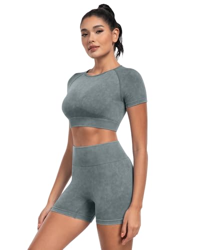 2 Piece Workou Short Sleevet Sets for Women,Seamless Summer Gym Tops High Waist Yoga Shorts Outfits4