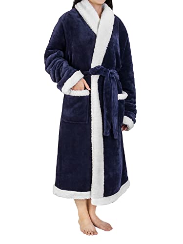 Image of PAVILIA Women's Plush Fleece Robe, Soft Cozy Long Bathrobe with Satin Waffle Trim, Warm Lightweight, Pockets & Tie Belt
