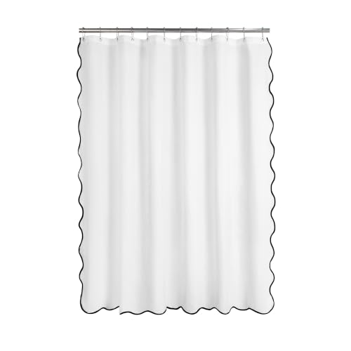 Image of N&Y HOME Fabric Shower Curtain or Liner White with Black Scalloped Edge