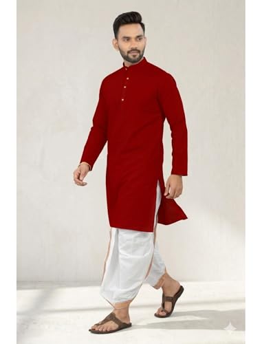 Image of UNIQUE MOMENTS Men's Cotton Dhoti Kurta Set with Full Sleeves Solid Pattern Modern Style and Mandarin Collar Neck | Perfect for Puja & Celebrations