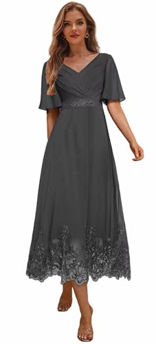 Plus Size Mother of The Bride Dresses for Women Tea Length Black Formal Dress with Sleeves US 16