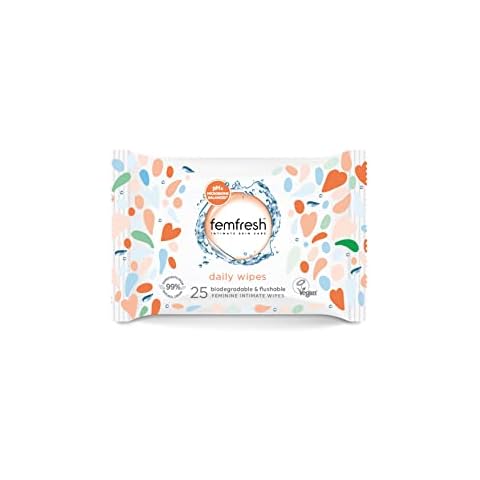 Femfresh Intimate Wipes - Flushable & Biodegradable Disposable Feminine Hygiene Vaginal Cloths w. Calendula & Aloe Vera Extracts - Soothing, pH Balanced, Hypoallergenic, 25 Count (Pack of 1) Cover