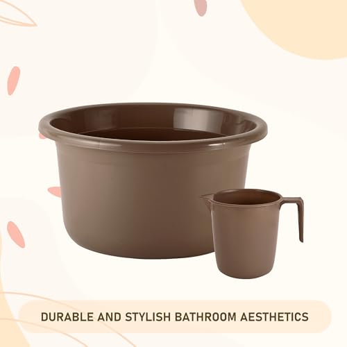 Image of Kuber Industries Set of 2 Bathroom Combo Set | Bathing Set | Bathware Bathing Set | Tub & Mug Combo Set for Bathroom | Modern Bathroom Accessories Set | Brown