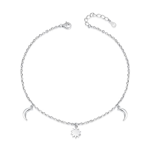 925 Sterling Silver Ankle Bracelets Moon Star Sun Universe/Flower/Sunflower/Heart/Sideway Cross Adjustable Anklet Jewelry Foot Chain for Women 9+1inch (moon sun)