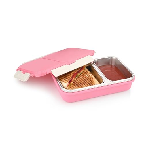 Image of Vinod GO-Tiffin Stainless Steel 2 Compartment Insulated Lunch Box | Pink | Leaf-Proof, Vacuum Sealed & Air Tight | Tiffin Box for Office, Kids & Adults | Freezer Safe | with Safety Lock