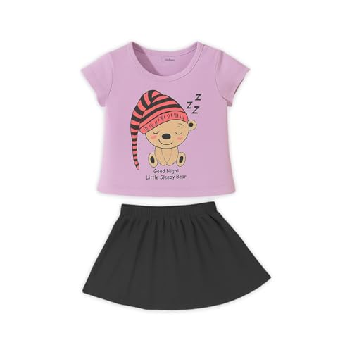 Image of Kidbea Baby Girl Bear Printed Cotton Top with Skirt Set | Comfortable, Stylish or Casual Outfit for Kids (Purple, 6-12 Months)