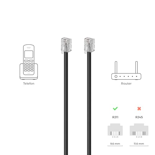 deleyCON 1m Telefonkabel - RJ11 Modularkabel 6P4C Westernkabel - 2x RJ11 Stecker mit Flachkabel für Telefondose Modem Router Fax ISDN DSL VDSL Internet Schwarz