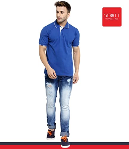 Image of Scott International Men's Organic Cotton Regular Fit Polo T-Shirt (Royal Blue with White, XL)