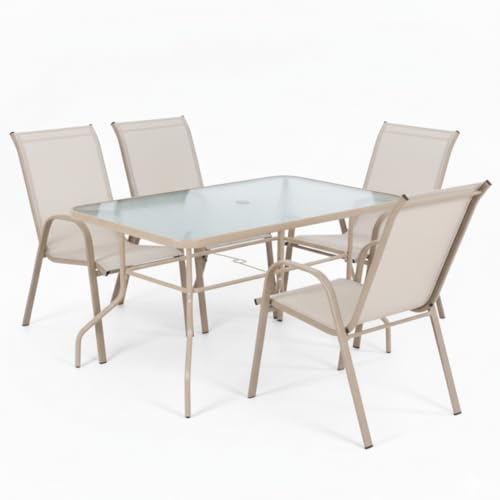MONTY Conjunto Exterior | Mesa 140 cm de Acero y Cristal Templado + 4 Sillas de Textileno Arena | Resistente: Pintura anticorrosión, Tela Doble | Transpirables, Apliables | Classic