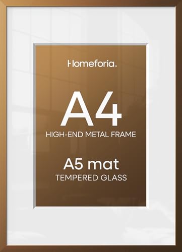 Image of Homeforia A4 Picture Frame Bronze, High End Metal 8.3 x 11.7 inch Brass Poster Frames with Mat 5.8 by 8.3 Print, A4 Frames Matted to A5 Photo, 8.3x11.7 Wall or Tabletop Frame, Tempered Glass, Set of 1