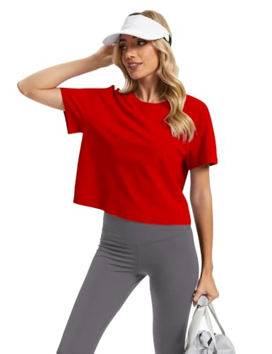 Image of SMENG Women's Crop Tops Cotton Loose Fit Tshirt Basic Short Sleeve Shirt
