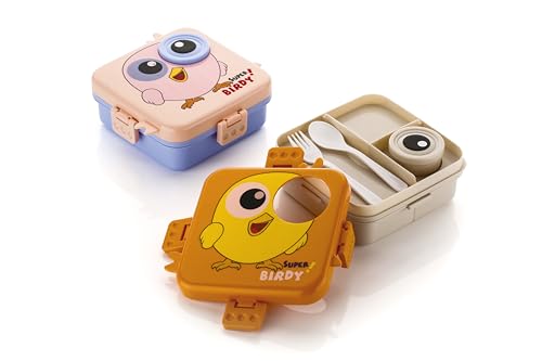 Image of Clazkit 3-Compartment Smiley Printed Design Lunch Box Plastic Leak-Proof & BPA-Free Bento Box with Platic Tray, Spoon & Container for School, Office, Travel 1120ml + 70ml, White