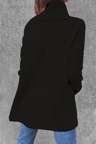 Image of Women's Turtleneck Oversized Sweaters Long Sleeve Split Hem Striped Knit Pullover Tops