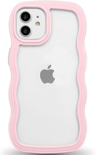 Image of GoldKart iPhone 12 /12 Pro Case Wavy Edge Clear Back Design, Anti-Slip Grip Cute Wave Curly Frame Shape Shockproof Soft TPU & Hard PC Bumper Protective Phone Case Cover for Women Girls - Pink