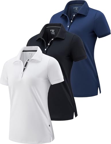 La Mejor Lista de Camisetas y camisas deportivas para Mujer del mes. 41 Paquete de 3 polos deportivos de ajuste seco para mujer, camisetas de golf de manga corta con cuello y absorción, Marino/Negro/Blanco, Large