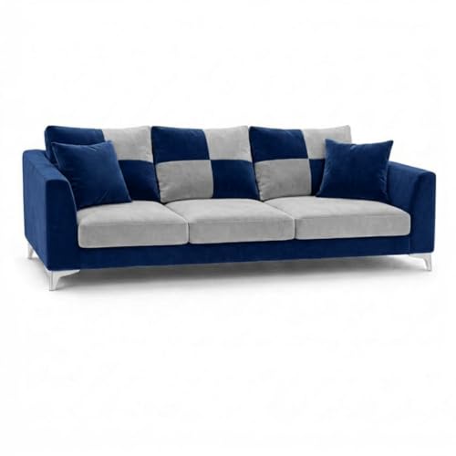 Image of Romeo Rich 4 Seater L Shape Sofa Set with Movable Ottomans | Flexible Layout | Velvet Suede Fabric | Golden Aesthetic Legs | Dual Tone Modern Sofa for Living Room (Dark Blue-Light Grey)