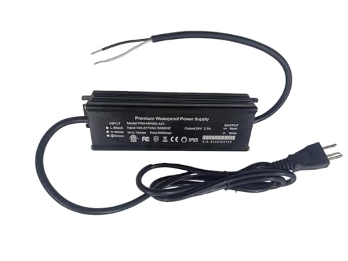 Image of 60W 24V LED Driver ETL Listed Transformer, Waterproof IP65 Power Supply, 100-277V AC to 24V DC Low Voltage Adapter for Outdoor Use (ETL24V60W)