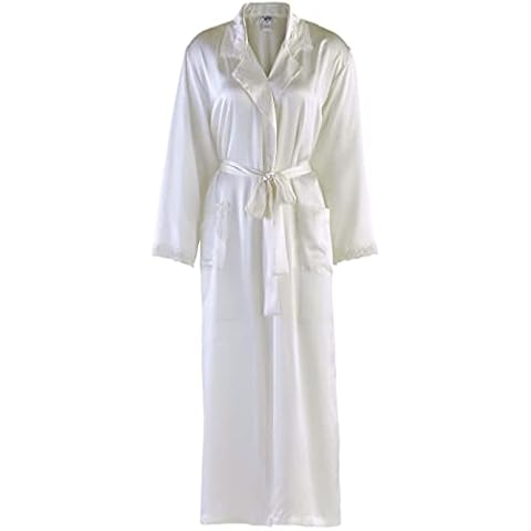 Nyteez Women's Natural Mulberry Silk Long Bathrobe Dressing Gown (Medium, Creamy White) Cover