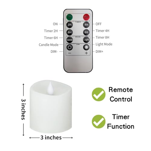 Image of 3x3 Flickering Flameless Candles Set of 1,3 inch Real Wax LED 600 Hours Battery Candles with Timer Remote,Control for Day Wedding Party Holiday Indoor,White