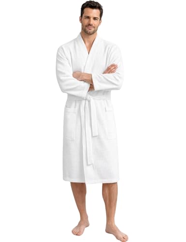 Morgenstern albornoz hombre baño algodon Albornoz Kimono Hombre con Diseño de Gofre Bata de Baño Blanco L