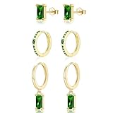 CERSLIMO Gold Earrings for Women - 3 Pairs Sterling Silver Set | Huggie Hoop & Diamond Stud & Drop Earrings, Green Emerald