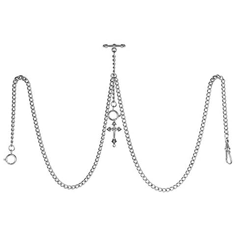 TREEWETO Men's Double Albert Chain Pocket Watch Curb Link Key Chain 3 Hooks with Antique Cross Silver Pendant Design Charm Fob T Bar Cover
