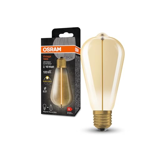 Osram Vintage 1906 Classic Edison FIL LED-Lampe, E27, gold, 2,2W, 120lm, 2700K, warmweißes Licht, sehr geringer Energieverbrauch, lange Lebensdauer, magnetisches Filament