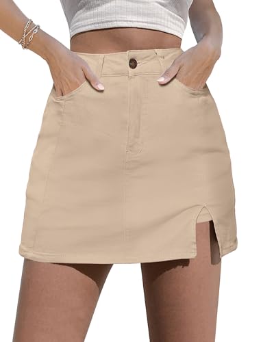 luvamia Denim Skorts Skirts for Women Western Outfit Denim High Wasited Jean Shorts for Women Stretchy Light Khaki Mini Skirt with Side Slit Size 12-14