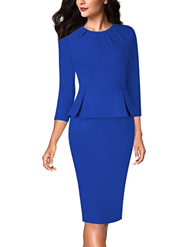 Image of VFSHOW Womens Pleated Crew Neck Peplum Slim Work Business Dress Elegant 3 /4 Sleeves Office Church Bodycon Pencil Sheath Dress