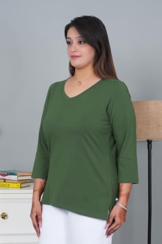 Image of Mlada V-Neck Cotton 3 /4th Sleeves Tshirt for Women | Stretchable Regualr Fit Solid Cotton Tshirts | Casual 3 /4th Sleeves Tshirts for Women Office Wear | Solid Round Neck Tshirt