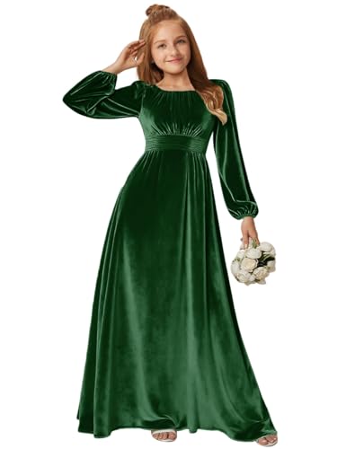 Junior Bridesmaid Dresses for Teen Girls Long Lantern Sleeve Flower Girl Dresses Velvet Emerald Green Girls Formal Dress Pleated A Line Size 13