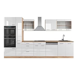 Vicco Complete keukeneenheid “R-Line”, Wit hoogglans/goud power eiken, 350 cm met hoge kast, zonder werkblad