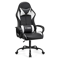 T-THREE.High-back ergonomic gaming chair, computer, office, desk chair, swivel seat, racing-style seat with 150kg weight capacity.(White)