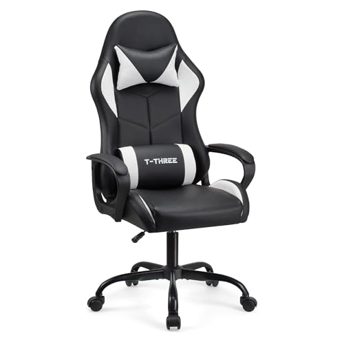 T-THREE.High-back ergonomic gaming chair, computer, office, desk chair, swivel seat, racing-style seat with 150kg weight capacity.(White) T-THREE.High-back ergonomic gaming chair, computer, office, desk chair, swivel seat, racing-style seat with 150kg weight capacity.(White)