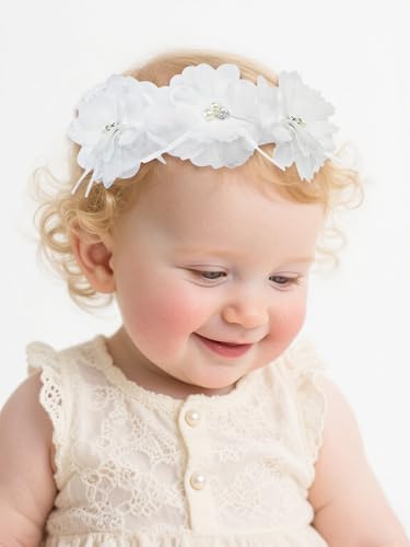 Lace Floral Baby Girls Headband Soft Elastic Hairband Flowers Pearl White Baby Hair Band Newborns Infants Toddlers 0-36 Months Headpiece Christening Baptism Party Hair Accessories